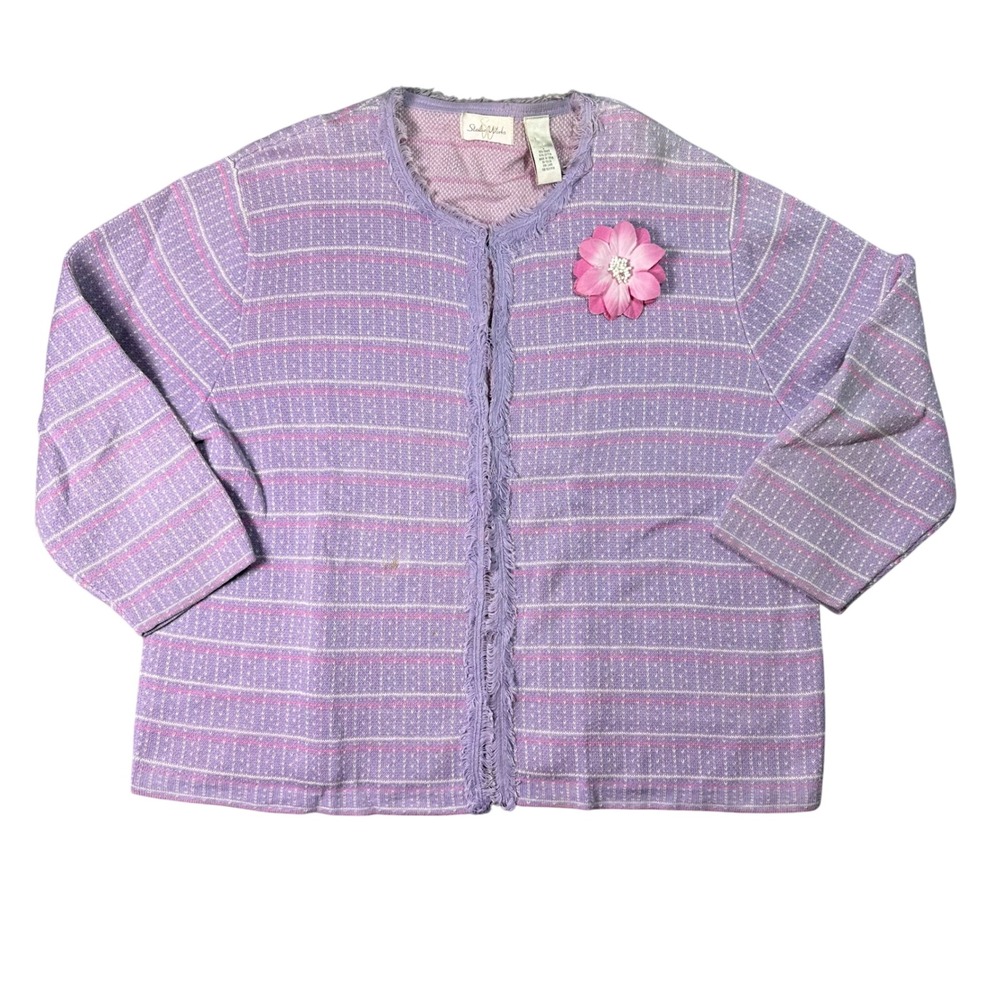 Studio Works Purple Striped Fringe Open Front Cardigan Sweater L Pastel Floral